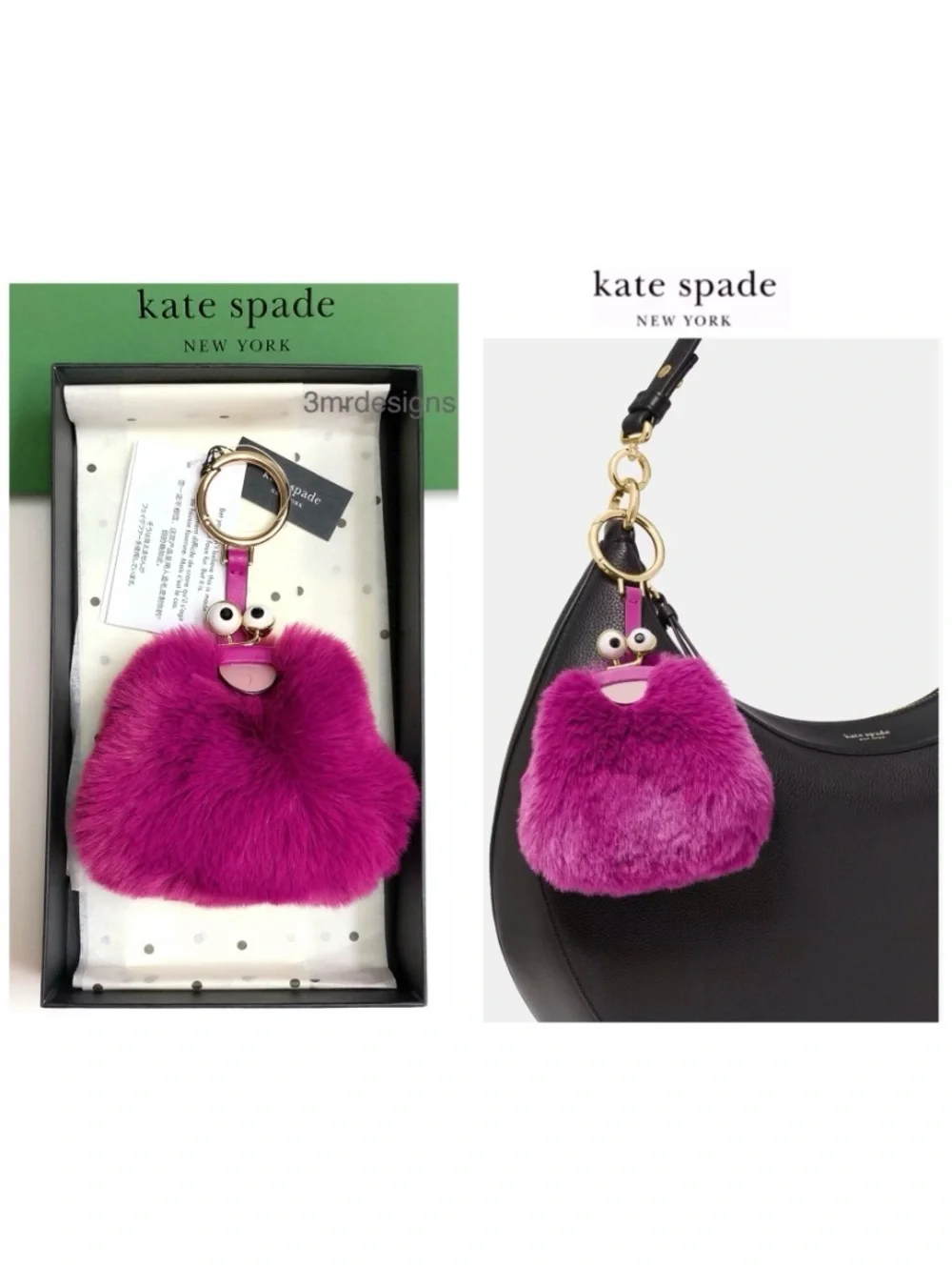 NWT Kate Spade ♠️MONSTERS FIZZY Soft Faux Fur & Leather Trim Coin Purse/ Keychai